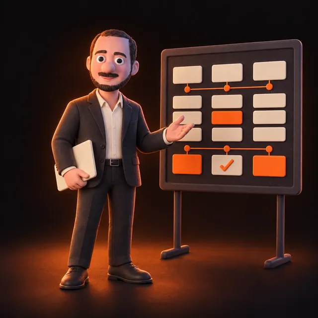 Clay illustration of Jason Ginsberg in a suit presenting a project planning board