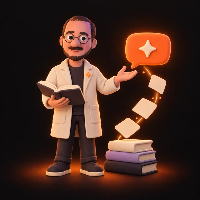 Clay illustration of Jason Ginsberg in a lab coat holding a book with an AI speech bubble and stacked books