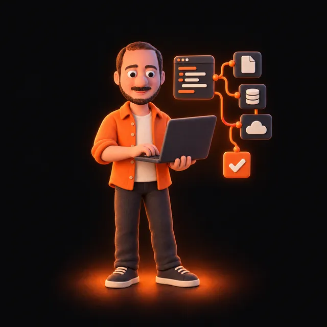 Clay illustration of Jason Ginsberg holding a laptop with a code-to-cloud workflow beside him