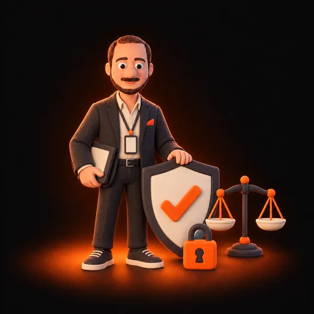 Clay illustration of Jason Ginsberg in a judge-style suit beside a shield, scales and padlock