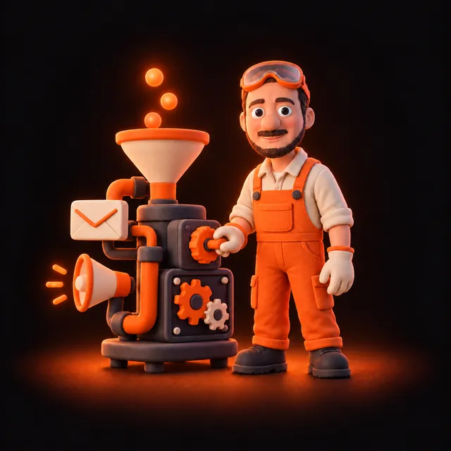 Clay illustration of Jason Ginsberg in orange overalls operating a funnel machine with an envelope and megaphone