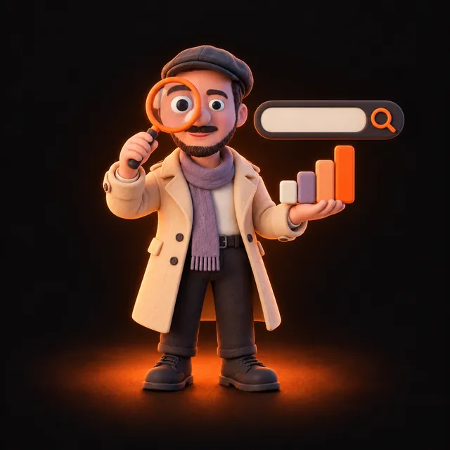 Clay illustration of Jason Ginsberg in a detective coat holding a magnifying glass, a search bar and a bar chart