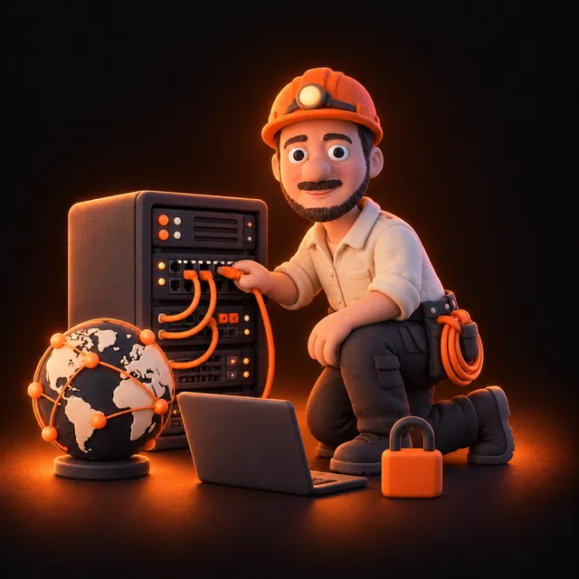 Clay illustration of Jason Ginsberg in a hard hat plugging cables into a server rack beside a globe and padlock