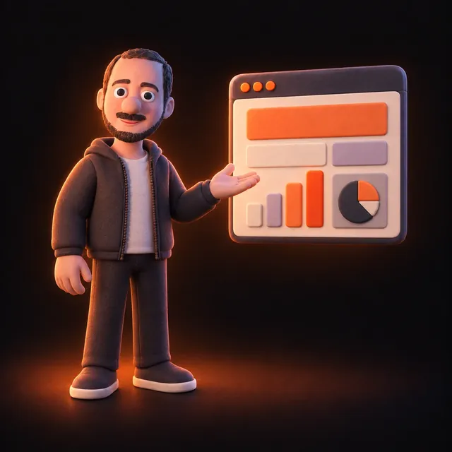 Clay illustration of Jason Ginsberg presenting a dashboard