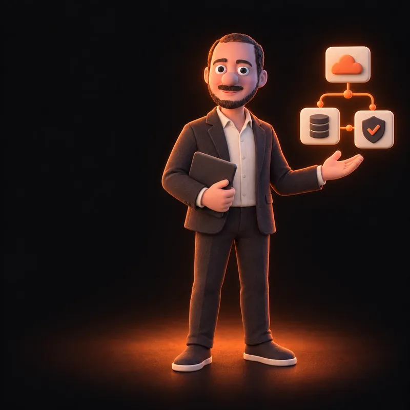 Clay illustration of Jason Ginsberg in a dark blazer holding a tablet and gesturing to a cloud, database and security diagram