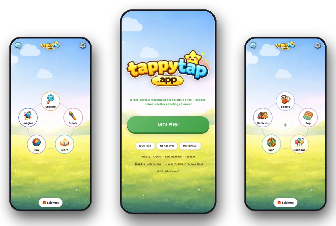 Three screens from TappyTap: the title screen, the five-world hub, and the Play world